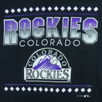 1993 vintage MLB Colorado Rockies T-shirt by Team Hanes. Black in color with big spell-out and logo on front, Medium in size and is in excellent condition.
