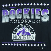 1993 vintage MLB Colorado Rockies T-shirt by Team Hanes. Black in color with big spell-out and logo on front, Medium in size and is in excellent condition.
