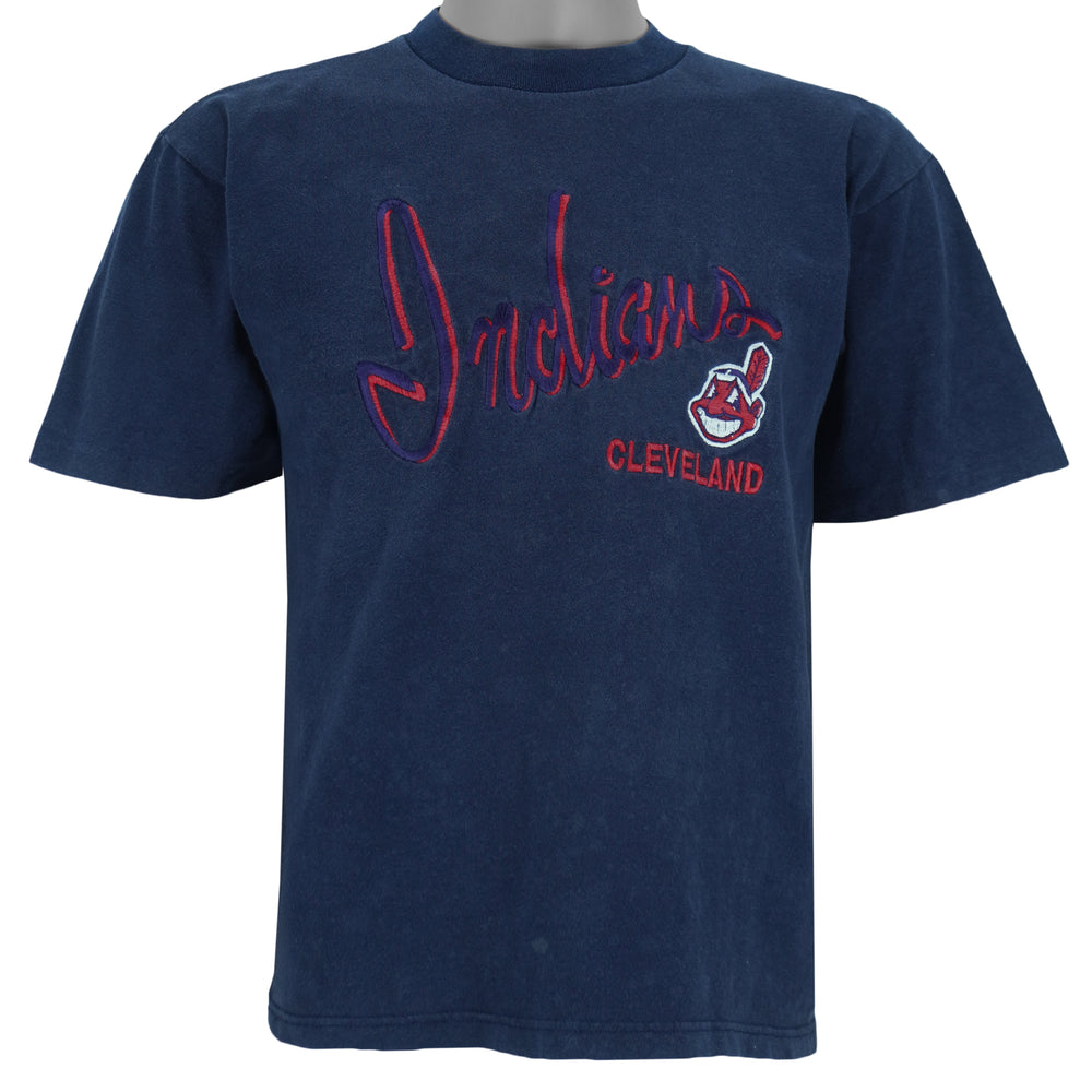 1990s vintage MLB Cleveland Indians embroidered spell-out T-Shirt by CS (Crable Sportwear). Dark blue in color, size Youth Medium and in excellent condition.