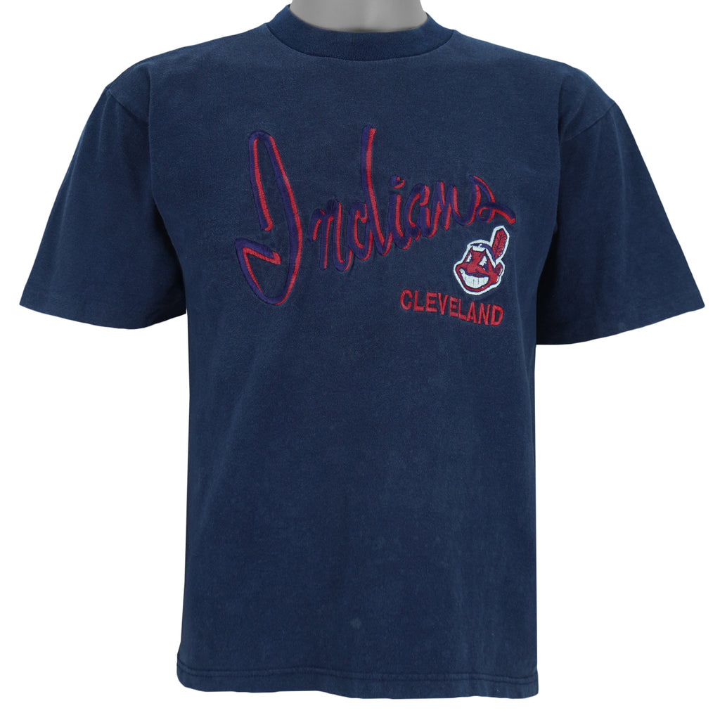 1990s vintage MLB Cleveland Indians embroidered spell-out T-Shirt by CS (Crable Sportwear). Dark blue in color, size Youth Medium and in excellent condition.