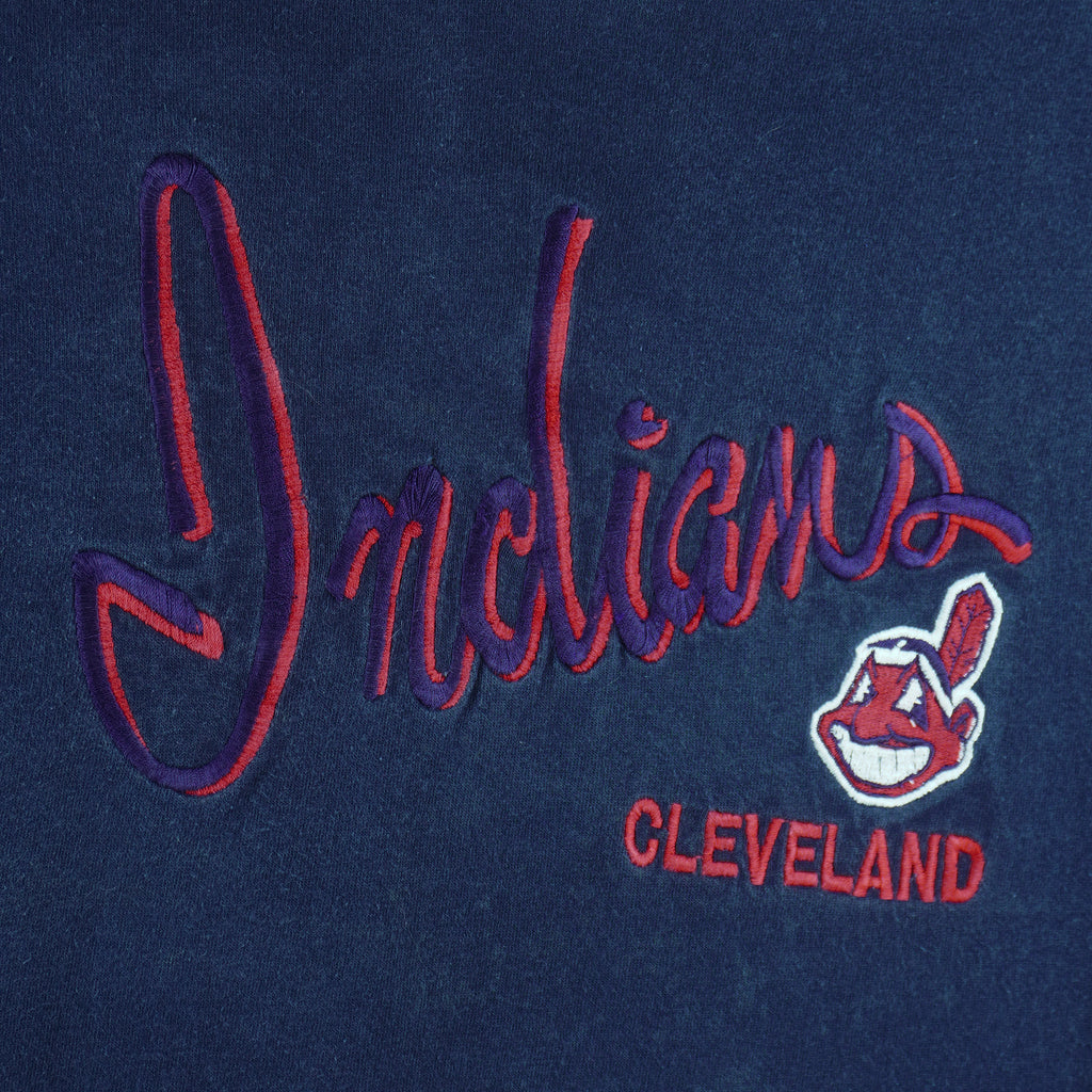 1990s vintage MLB Cleveland Indians embroidered spell-out T-Shirt by CS (Crable Sportwear). Dark blue in color, size Youth Medium and in excellent condition.