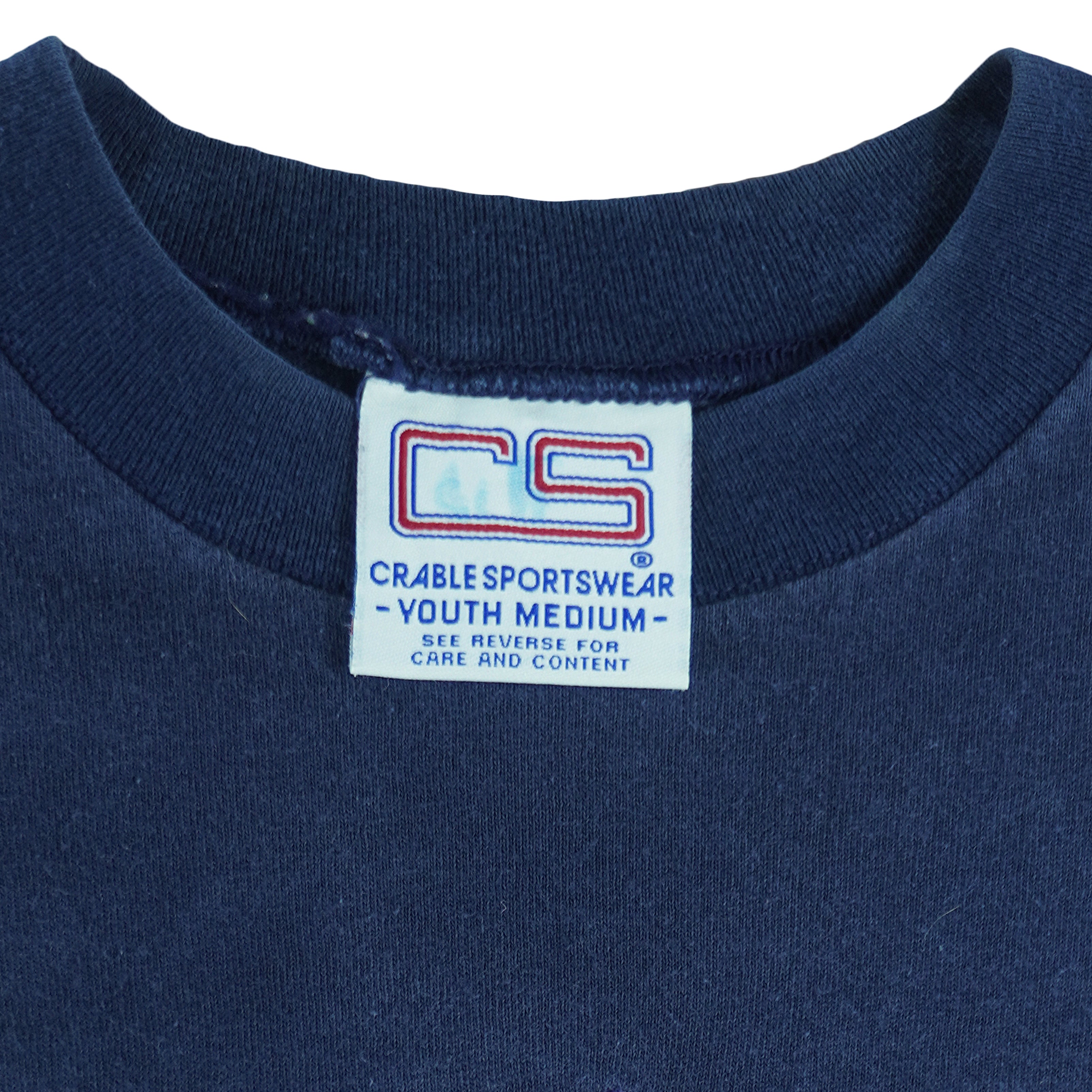 1990s vintage MLB Cleveland Indians embroidered spell-out T-Shirt by CS (Crable Sportwear). Dark blue in color, size Youth Medium and in excellent condition.