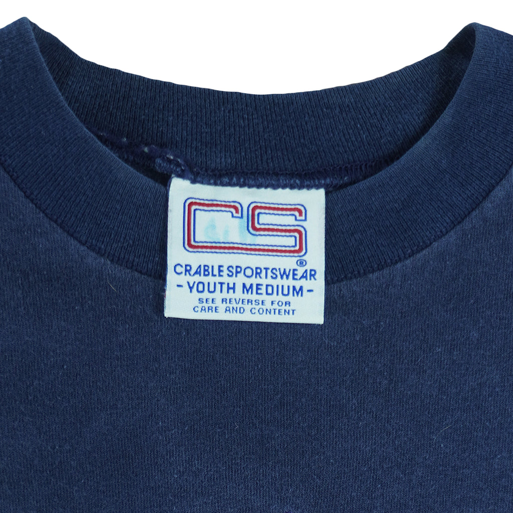 1990s vintage MLB Cleveland Indians embroidered spell-out T-Shirt by CS (Crable Sportwear). Dark blue in color, size Youth Medium and in excellent condition.