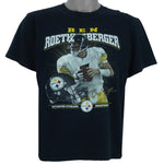 2000s vintage NFL Pittsburgh Steelers quarterback Ben Roethlisberger T-Shirt by NFLPlayers. Black in color with player image, signature and helmet graphic on front, fits Medium in size and is in excellent condition.
