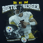2000s vintage NFL Pittsburgh Steelers quarterback Ben Roethlisberger T-Shirt by NFLPlayers. Black in color with player image, signature and helmet graphic on front, fits Medium in size and is in excellent condition.
