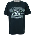 2005 vintage MLB Chicago White Sox World Series Champions spell-out T-Shirt by CSA. Black in color with crossed baseball bats and and team logo on front, Large in size and is in excellent condition.