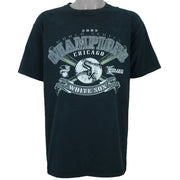 2005 vintage MLB Chicago White Sox World Series Champions spell-out T-Shirt by CSA. Black in color with crossed baseball bats and and team logo on front, Large in size and is in excellent condition.