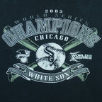 2005 vintage MLB Chicago White Sox World Series Champions spell-out T-Shirt by CSA. Black in color with crossed baseball bats and and team logo on front, Large in size and is in excellent condition.