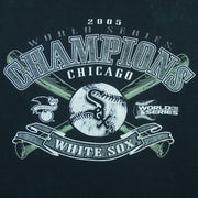 2005 vintage MLB Chicago White Sox World Series Champions spell-out T-Shirt by CSA. Black in color with crossed baseball bats and and team logo on front, Large in size and is in excellent condition.