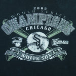 2005 vintage MLB Chicago White Sox World Series Champions spell-out T-Shirt by CSA. Black in color with crossed baseball bats and and team logo on front, Large in size and is in excellent condition.
