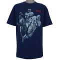 1990s vintage Budweiser single stitch T-Shirt by Hanes Beefy-T. Blue in color with three players and "Bud, King of Beers" small spell-out on front, X-Large in size and is in excellent condition.