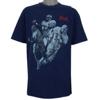 1990s vintage Budweiser single stitch T-Shirt by Hanes Beefy-T. Blue in color with three players and "Bud, King of Beers" small spell-out on front, X-Large in size and is in excellent condition.