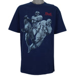 1990s vintage Budweiser single stitch T-Shirt by Hanes Beefy-T. Blue in color with three players and "Bud, King of Beers" small spell-out on front, X-Large in size and is in excellent condition.