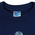 1990s vintage Budweiser single stitch T-Shirt by Hanes Beefy-T. Blue in color with three players and "Bud, King of Beers" small spell-out on front, X-Large in size and is in excellent condition.