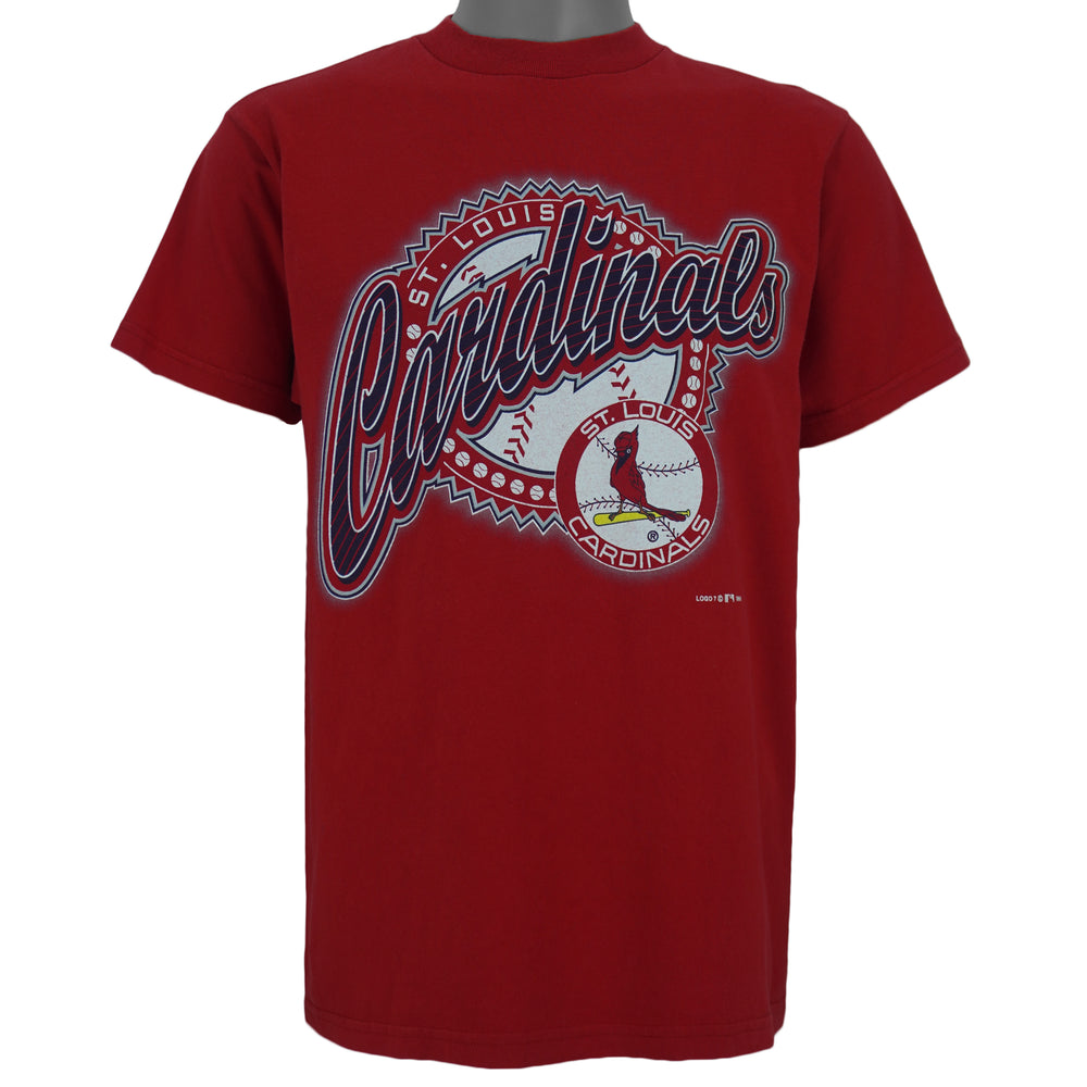 1996 vintage MLB St. Louis Cardinals spell-out T-Shirt by Logo 7. Red in color with cursive team name and small logo on front, Medium in size and is in excellent condition.
