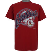1996 vintage MLB St. Louis Cardinals spell-out T-Shirt by Logo 7. Red in color with cursive team name and small logo on front, Medium in size and is in excellent condition.