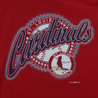1996 vintage MLB St. Louis Cardinals spell-out T-Shirt by Logo 7. Red in color with cursive team name and small logo on front, Medium in size and is in excellent condition.