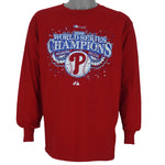 2008 vintage MLB Philadelphia Phillies World Series Champions long sleeve shirt by Majestic. Red in color with big spell-out and logo, fits X-Large in size and is in excellent condition.