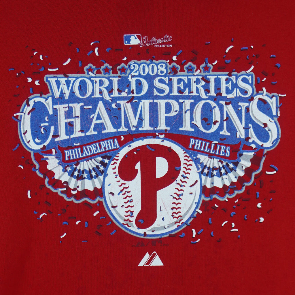 2008 vintage MLB Philadelphia Phillies World Series Champions long sleeve shirt by Majestic. Red in color with big spell-out and logo, fits X-Large in size and is in excellent condition.