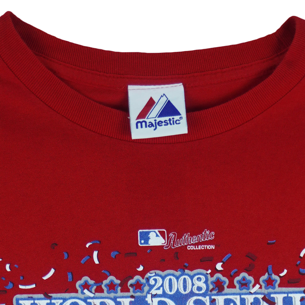 2008 vintage MLB Philadelphia Phillies World Series Champions long sleeve shirt by Majestic. Red in color with big spell-out and logo, fits X-Large in size and is in excellent condition.