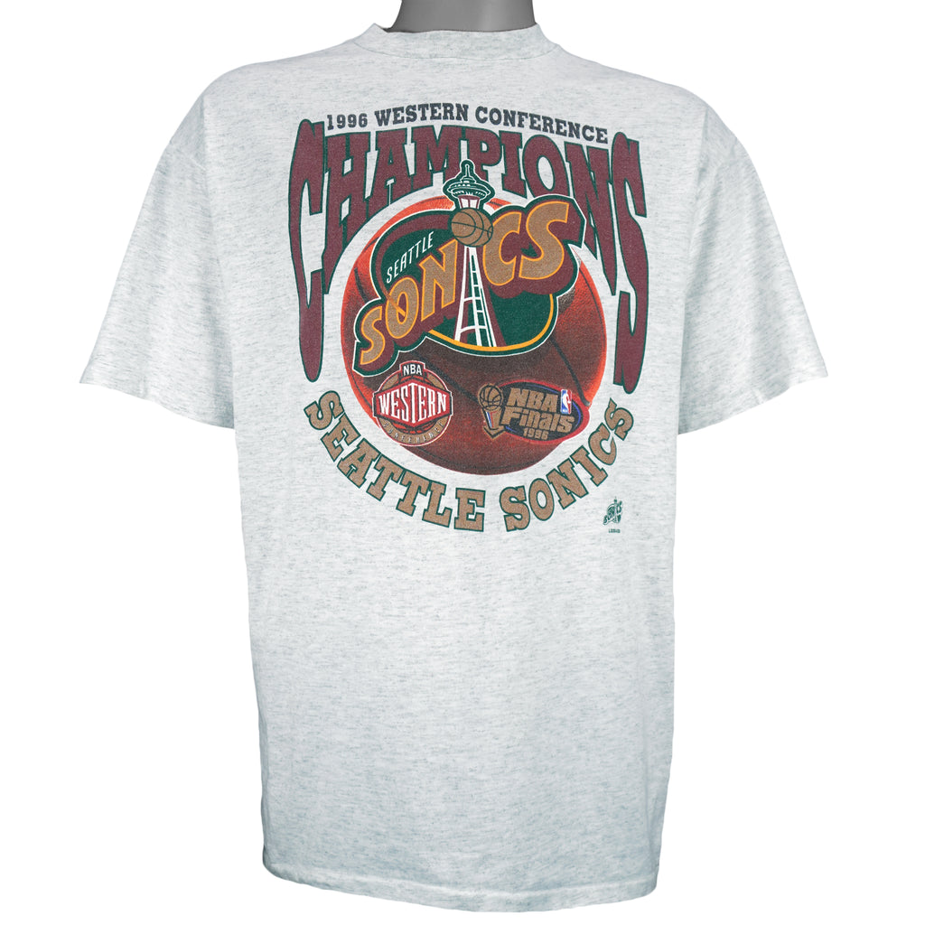 1996 vintage NBA Seattle Supersonics Western Conference Champs T-Shirt by Oneita. White in color with big spell-out and logo. X-Large in size and is in excellent condition.