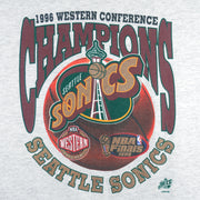 1996 vintage NBA Seattle Supersonics Western Conference Champs T-Shirt by Oneita. White in color with big spell-out and logo. X-Large in size and is in excellent condition.