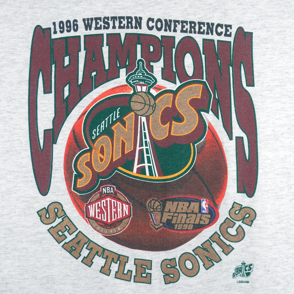 1996 vintage NBA Seattle Supersonics Western Conference Champs T-Shirt by Oneita. White in color with big spell-out and logo. X-Large in size and is in excellent condition.