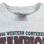 1996 vintage NBA Seattle Supersonics Western Conference Champs T-Shirt by Oneita. White in color with big spell-out and logo. X-Large in size and is in excellent condition.