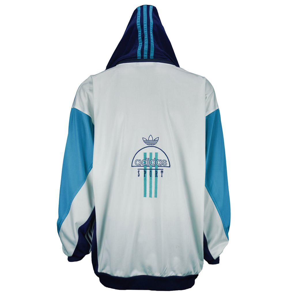 Adidas - Blue and white Big Logo Hooded Track Jacket 1990s Large Vintage Retro