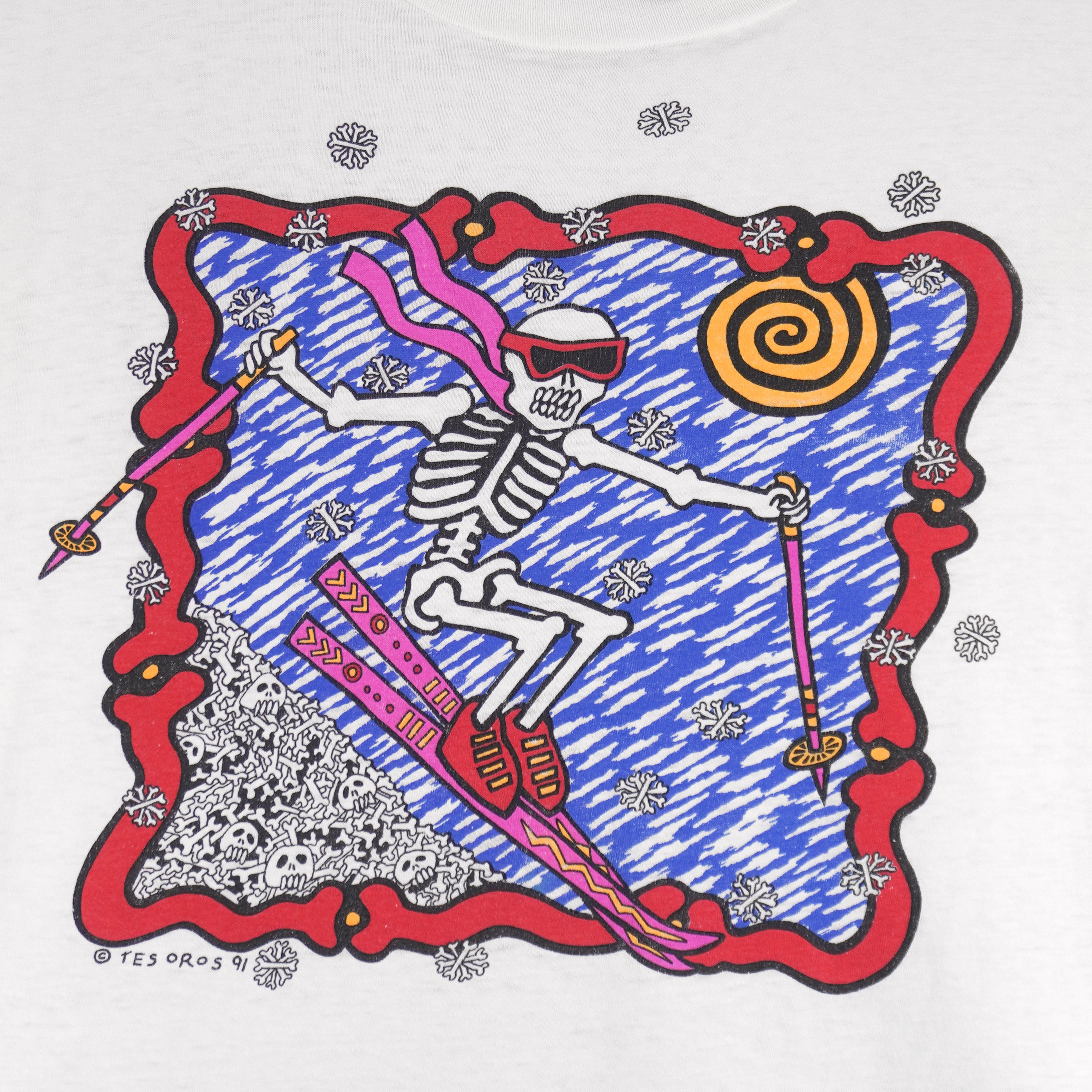 Vintage (Oneita) - Skeleton Skiing Tesoros Art T-Shirt 1991 Large Vintage Retro