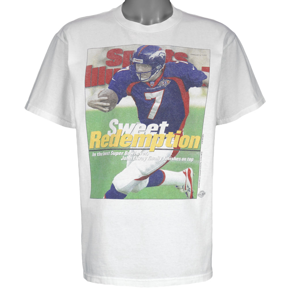 NFL (Gildan) - Denver Broncos John Elway Front Pages T-Shirt 1998 Large Vintage Retro Football