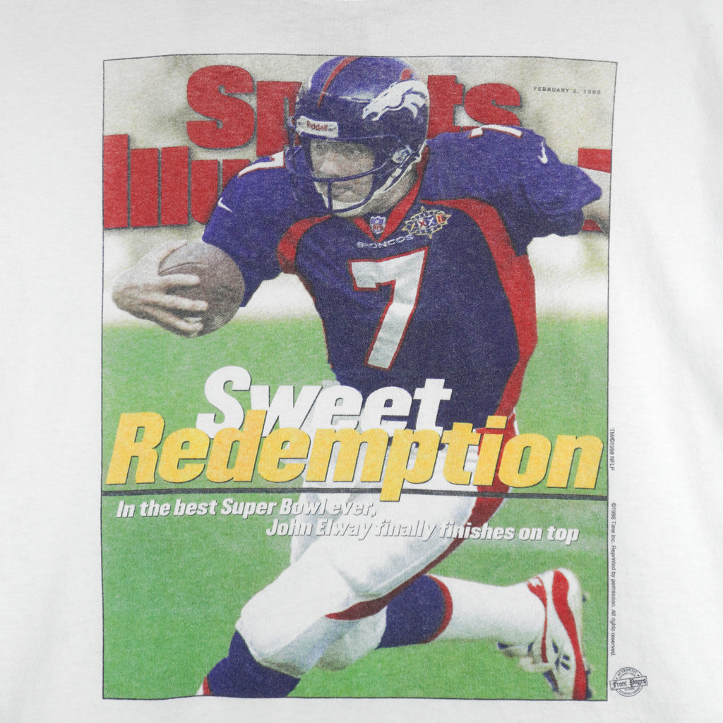 NFL (Gildan) - Denver Broncos John Elway Front Pages T-Shirt 1998 Large Vintage Retro Football
