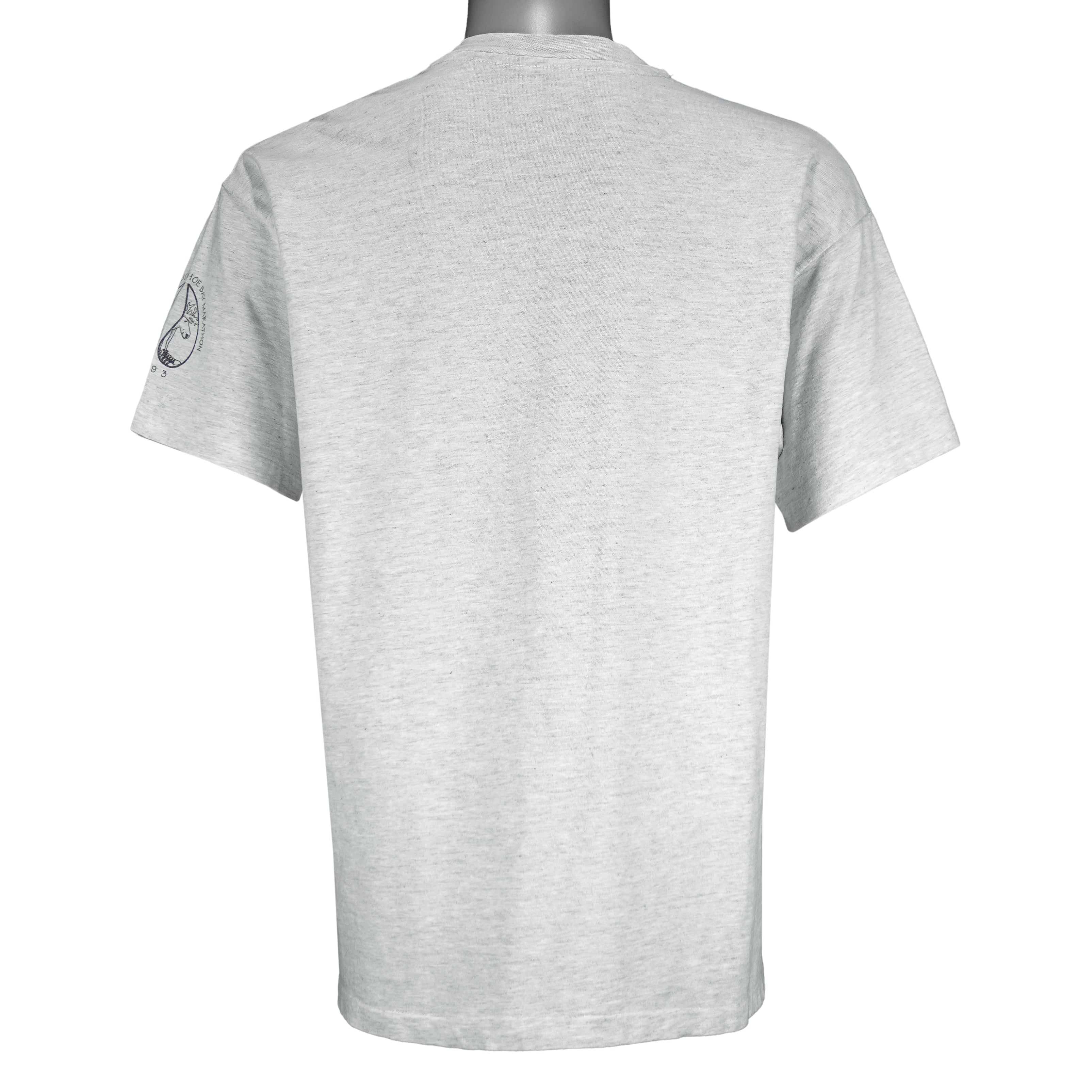 1993 vintage Prudhoe Bay 13th Annual Marathon T-Shirt by Hanes. Light grey in color with animal cartoon printed graphic on front, tagged size Large and is in excellent condition.