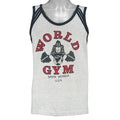 1990s vintage World Gym, Santa Monica USA sleeveless workout shirt. Grey in color with black trim, has a big printed graphic of the gorilla logo on front and back, fits Medium in size, and is in excellent condition.