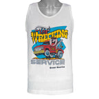 1988 vintage Looney Tunes Taz's Wrecking Service sleeveless shirt by Tee Jays. White in color with big printed graphic of the Tazmanian Devil in a tow truck, tagged size Medium, and is in excellent condition.