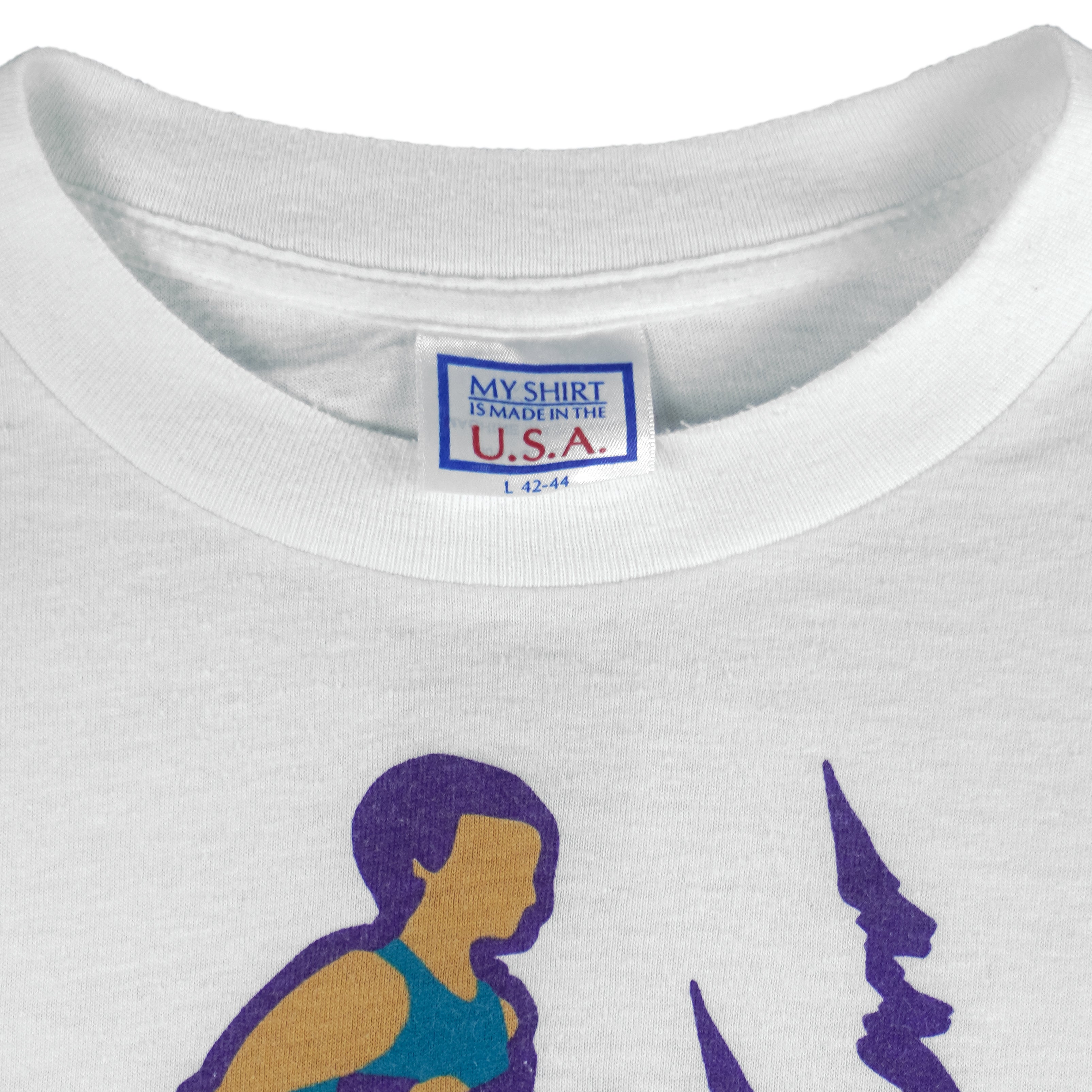 1987 vintage Great Olympic Mountain Run T-Shirt by My Shirt is Made in the USA. White in color with printed graphic on front, tagged size Large, and is in excellent condition.
