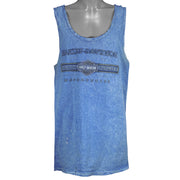 2000s vintage Harley Davidson Motorcycles Chandler Arizona tank top. Blue in color with printed Harley logo on front and back, tagged size X-Large, and is in good condition.