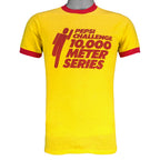 1980s vintage Pepsi Challenge: 10,000 Meter Series ringer T-Shirt. Yellow in color with red trim, Campus Life spell-out on back, tagged size Medium and is in excellent condition.