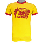 1980s vintage Pepsi Challenge: 10,000 Meter Series ringer T-Shirt. Yellow in color with red trim, Campus Life spell-out on back, tagged size Medium and is in excellent condition.
