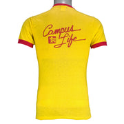 1980s vintage Pepsi Challenge: 10,000 Meter Series ringer T-Shirt. Yellow in color with red trim, Campus Life spell-out on back, tagged size Medium and is in excellent condition.