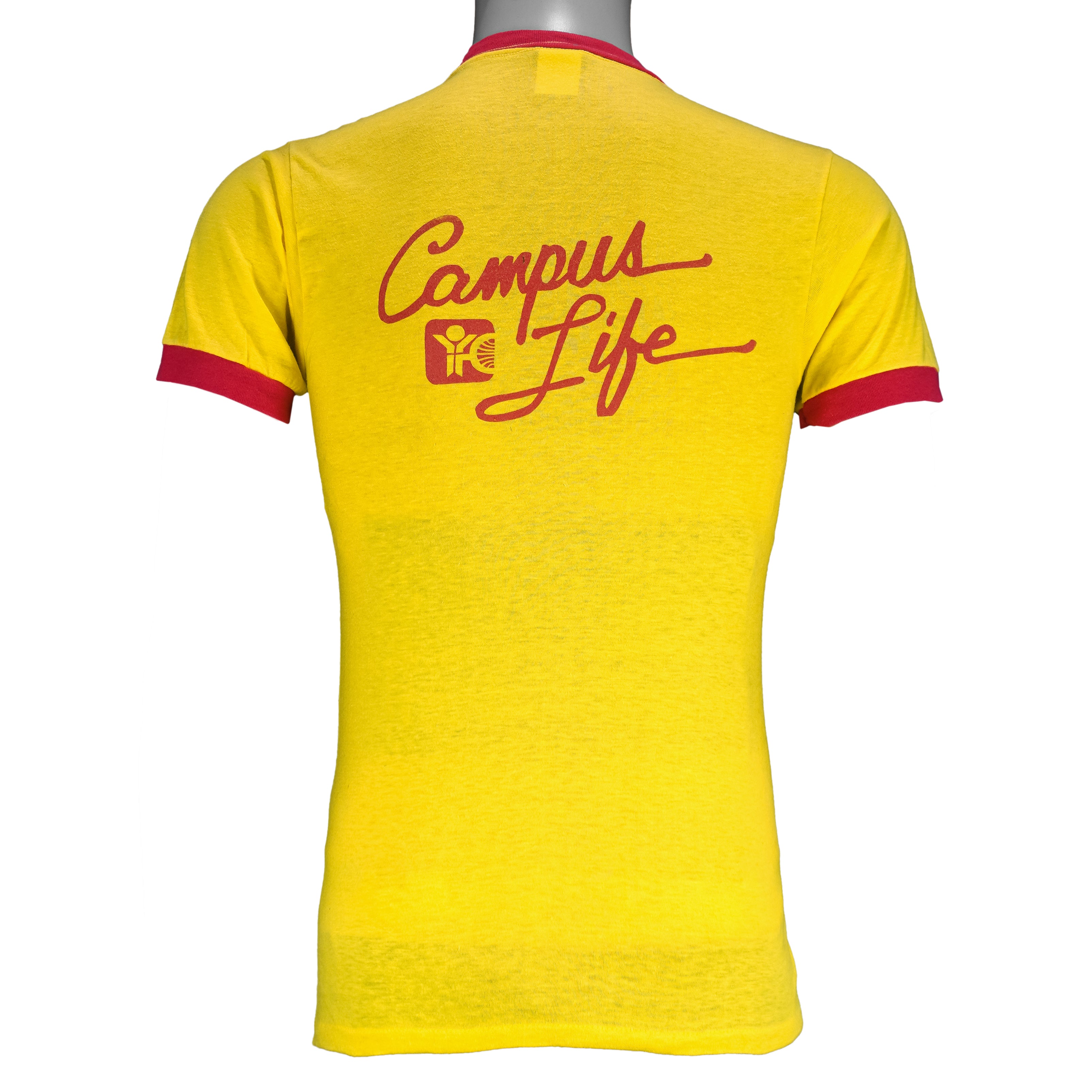 1980s vintage Pepsi Challenge: 10,000 Meter Series ringer T-Shirt. Yellow in color with red trim, Campus Life spell-out on back, tagged size Medium and is in excellent condition.