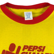 1980s vintage Pepsi Challenge: 10,000 Meter Series ringer T-Shirt. Yellow in color with red trim, Campus Life spell-out on back, tagged size Medium and is in excellent condition.