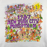 1987 vintage I Trained for the New York City Marathon Long Sleeve Shirt. White in color with original artwork by Kay Denmark on front, fits Small in size and is in excellent condition.