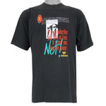 1990s vintage Adidas cheeky-motivational T-Shirt. Black in color with multiple text elements and small logo on front and large NOT spell-out on back, fits size Large and is in excellent condition.