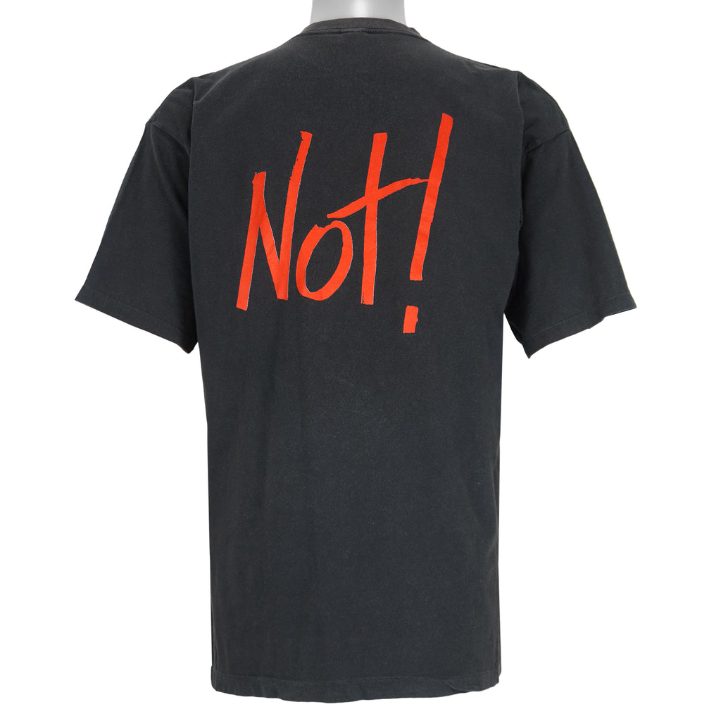 1990s vintage Adidas cheeky-motivational T-Shirt. Black in color with multiple text elements and small logo on front and large NOT spell-out on back, fits size Large and is in excellent condition.