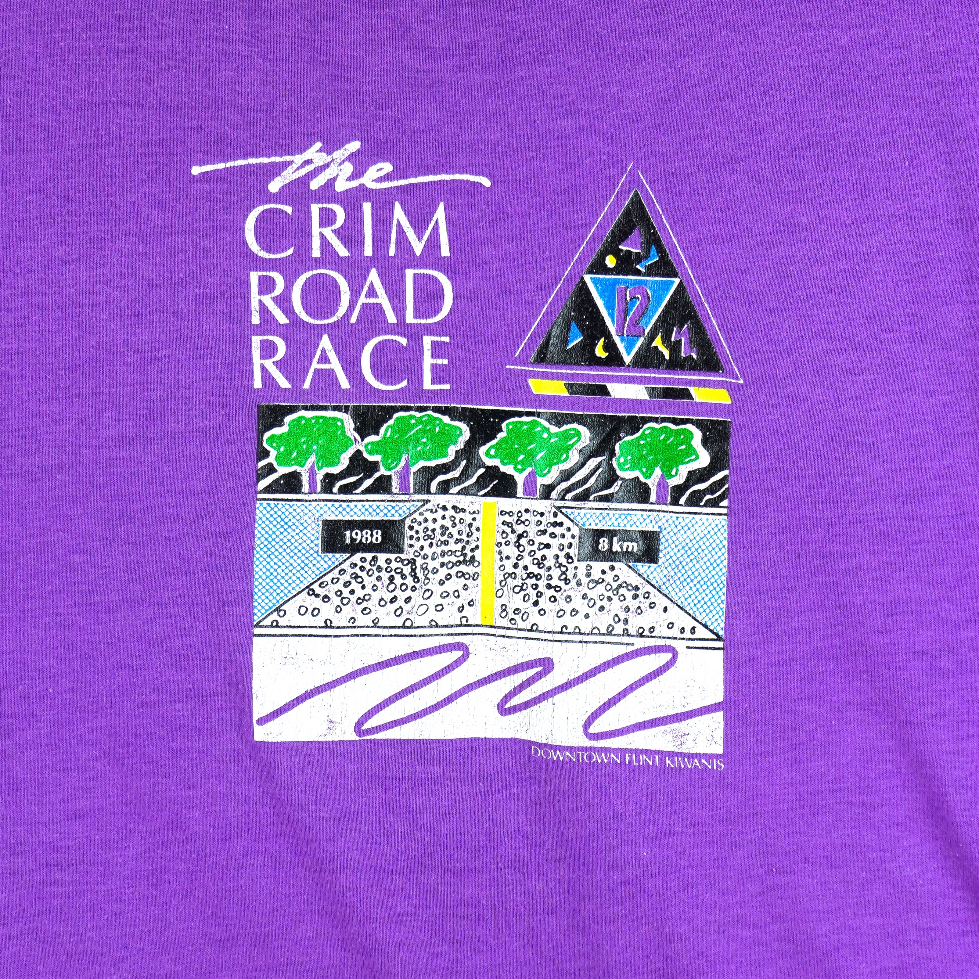 1988 vintage Flint Michigan 8 KM Crim Road Race T-Shirt by Hanes. Purple in color with printed&nbsp; graphics on front and back, tagged size Large and is in excellent condition.
