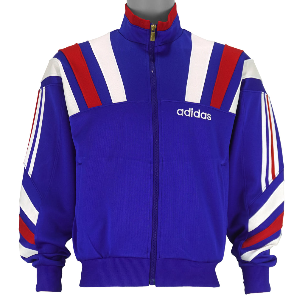 Adidas - Blue, Red, and White Colorblock Sports Track Jacket 1990s Medium Vintage Retro