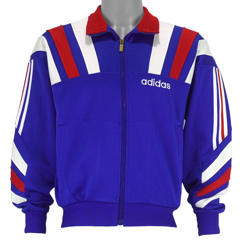 Adidas - Blue, Red, and White Colorblock Sports Track Jacket 1990s Medium Vintage Retro
