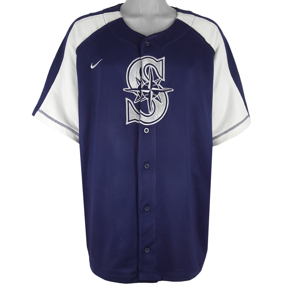 Nike - MLB Blue Seattle Mariners Button-Up Jersey T-Shirt 1990s Large Vintage Retro Baseball