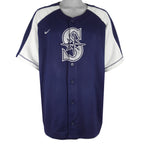 Nike - MLB Blue Seattle Mariners Button-Up Jersey T-Shirt 1990s Large Vintage Retro Baseball